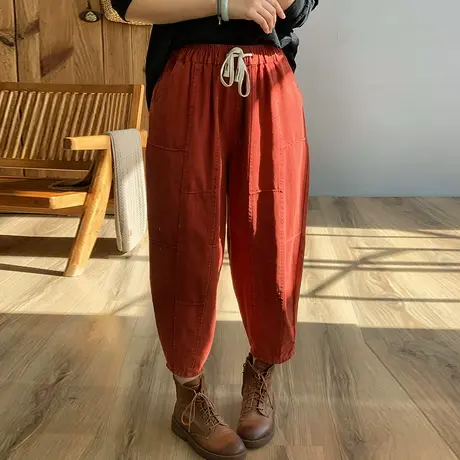 dza 高腰显瘦纯色全棉九分阔腿裤子女春宽松休闲哈伦裤百搭复古裤图片