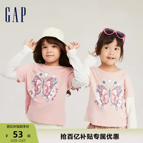 Gap女幼童大童春秋纯棉舒适假两件长袖洋气T恤儿童装微弹运动上衣商品大图