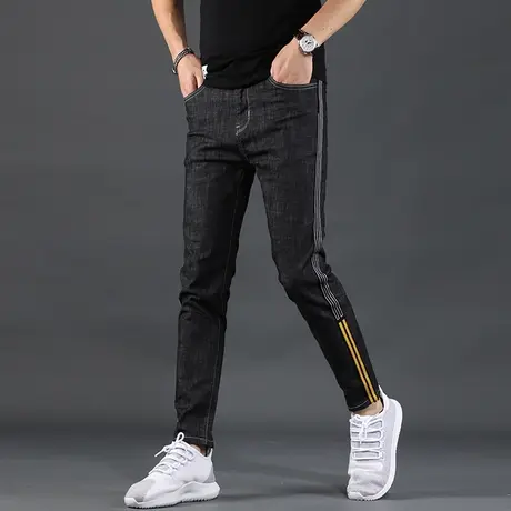 秋季裤子男2022新款潮牌牛仔裤修身小脚黑色弹力休闲男士裤子秋冬图片