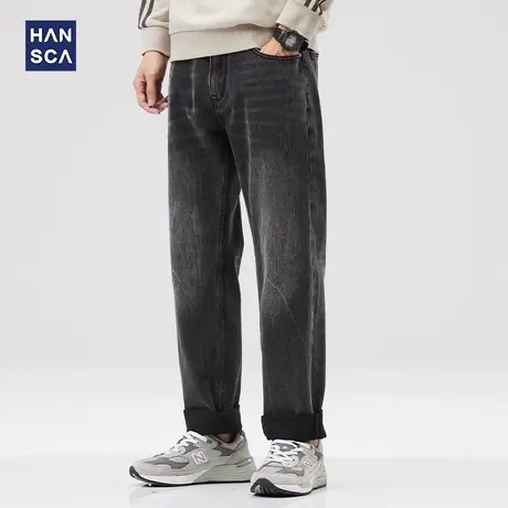 hansca黑色阔腿牛仔裤男直筒宽松秋季新款青少年休闲复古水洗长裤商品大图