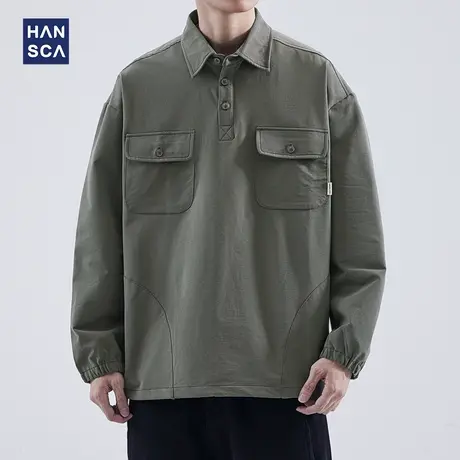 hansca大口袋工装Polo领长袖衬衫男秋季复古潮流宽松休闲衬衣外套商品大图