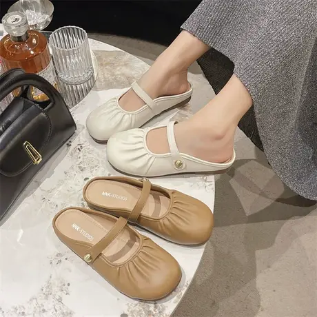 法式百搭包头拖鞋女外穿2024年春夏季新款配裙子褶皱粗跟半拖鞋潮商品大图