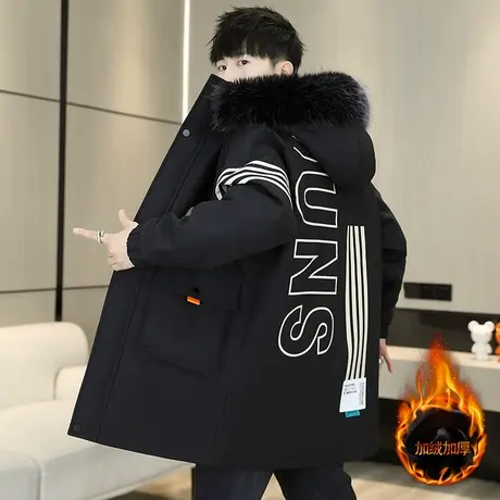 2023冬季新款男士加绒棉衣外套中长款派克服大毛领棉服棉袄上衣服图片