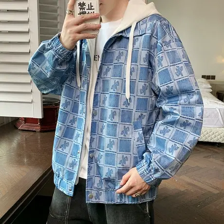 男士外套春秋款冬季棋盘格子夹克假两件连帽情侣秋季潮牌男装新款图片