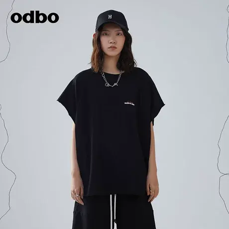 odbo/欧迪比欧休闲气质黑色短袖t恤女春季新款宽松显瘦针织上衣商品大图
