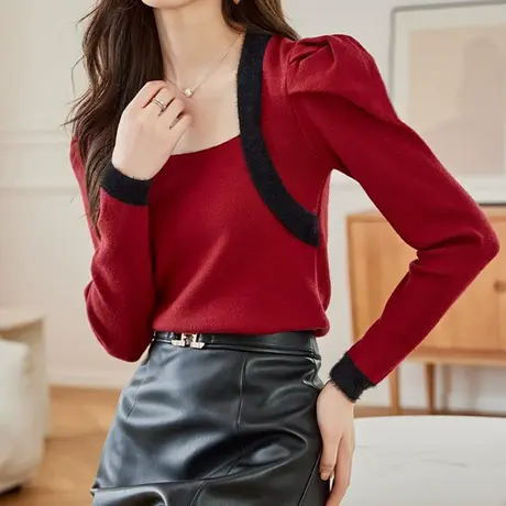 【3月4春新品8折】时尚法式方领泡泡袖针织衫撞色修身显瘦上衣女图片