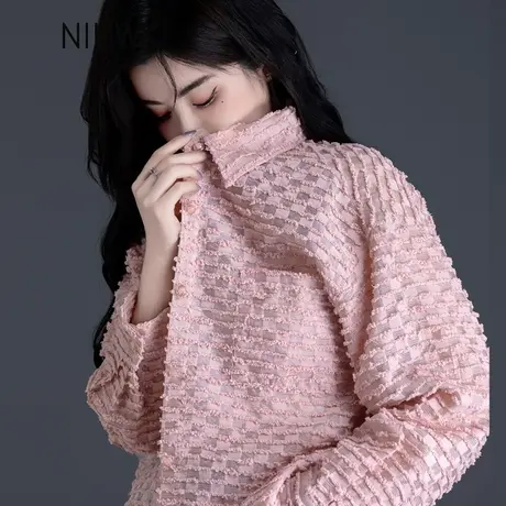 粉色格子衬衣女宽松休闲外套衬衫图片