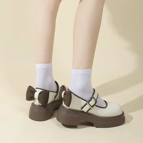 学院风高跟玛丽珍小皮鞋女鞋2024春款新款粗跟单鞋女白色春秋厚底商品大图