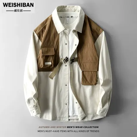 春秋2022年设计感小众长袖衬衣薄外套高级感拼接撞色个性痞帅上衣商品大图