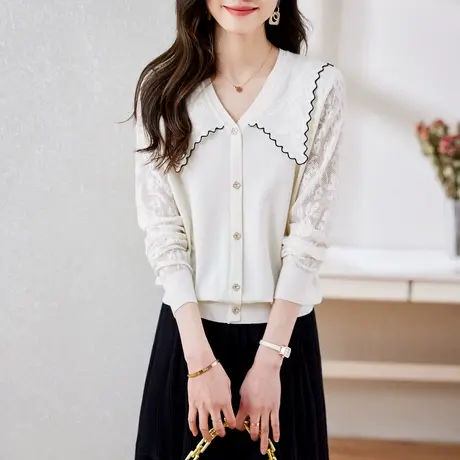 时尚气质淑女娃娃领针织开衫女士2023年春季新款减龄洋气显瘦上衣商品大图