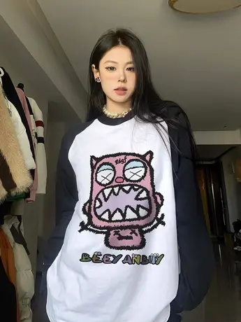 美式复古潮牌爆款拼接插肩长袖T恤女秋冬设计感小众内搭上衣潮ins商品大图