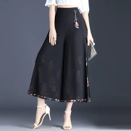印花雪纺阔腿裤女夏季2023新款垂感宽松开叉裙裤显瘦休闲九分裤子商品大图