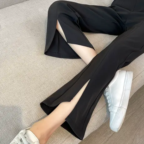 黑色开叉微喇裤女夏季薄款高腰垂感直筒显瘦九分小个子休闲冰丝裤商品大图