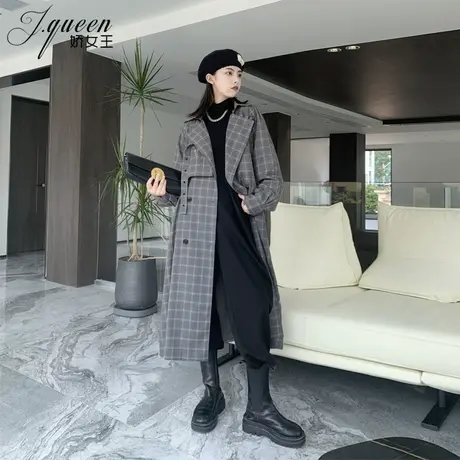 风衣外套女中长款秋季时尚洋气复古格子高级感宽松休闲双排扣大衣图片