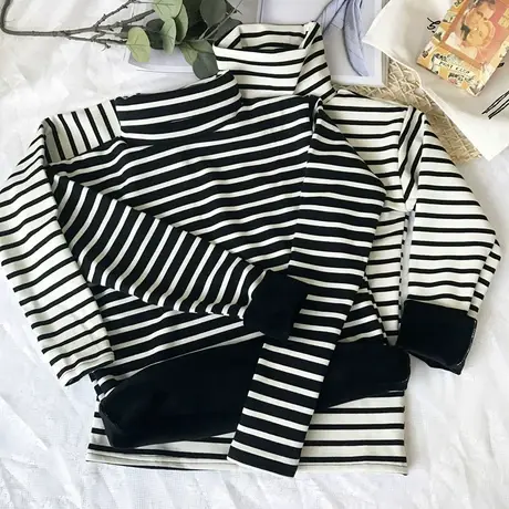 条纹高领打底衫长袖t恤女秋冬洋气内搭设计感小众加绒加厚上衣服商品大图