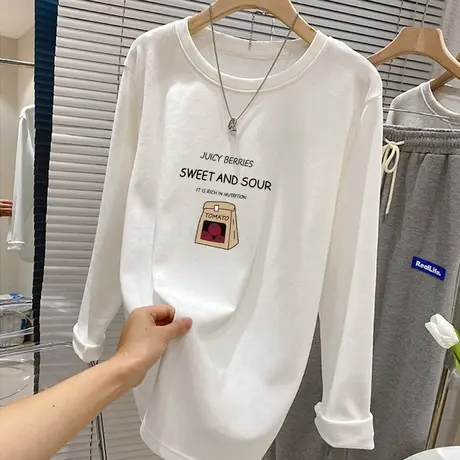 白色字母印花中长款打底衫2022年秋冬新款加厚磨毛长袖秋装T恤女图片