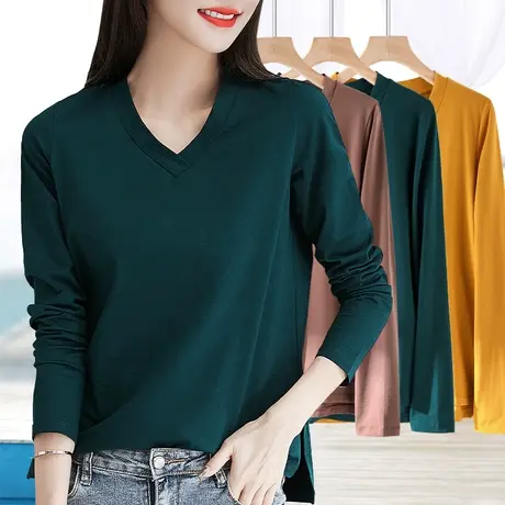 春秋季新款长袖t恤女宽松显瘦减龄百搭打底衫时尚开叉V领纯色上衣图片