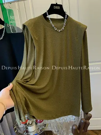 纯色坑条垫肩假两件长袖T恤打底衫上衣女宽松休闲百搭2022秋商品大图