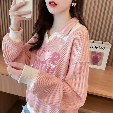 polo领撞色卫衣女春秋季韩版宽松小个子薄款华夫格假两件上衣外套商品大图