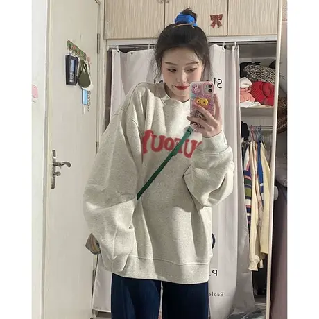 美式圆领卫衣女大码秋冬加绒加厚落肩无帽复古港风chic外套上衣潮图片