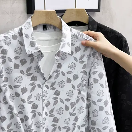 花衬衫男长袖冰丝薄款修身夏威夷上衣服潮流男士休闲衬衣春秋新款商品大图