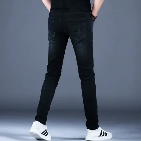 纯黑色印花牛仔裤男款修身小脚裤子韩版潮流裤子2023新款男裤休闲商品大图