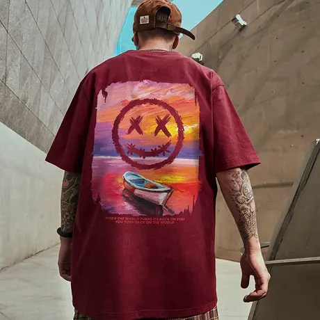 2023新款国潮t恤胖子男潮ins短袖潮牌宽松夏季大码五分油画半截袖商品大图