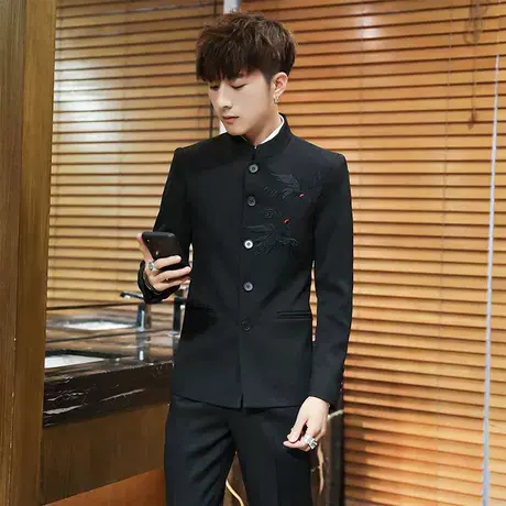 男士西服套装休闲小西装男韩版修身潮流学生中国风立领中山装外套商品大图