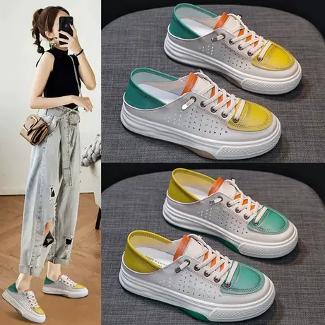 2023夏季新款半拖帆布鞋女厚底踩脚两穿一脚蹬饼干鞋板鞋小白鞋女商品大图