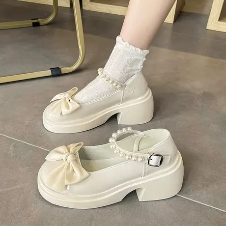 英伦风玛丽珍鞋女2023年春新款时尚甜美蝴蝶结厚底粗跟珍珠小皮鞋商品大图