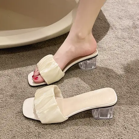 网红凉拖鞋女夏外穿2023年新款仙女风韩版粗跟时尚方头中跟一字拖图片