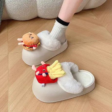 可爱汉堡薯条毛毛拖鞋女外穿2023秋季新款居家包头半拖鞋保暖棉拖图片
