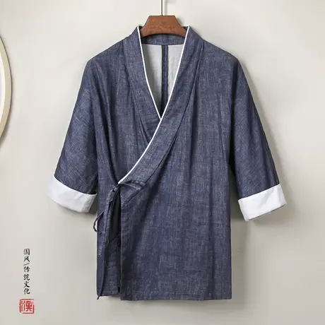 男士薄款棉麻汉服复古宽松大码半袖道袍茶服夏季短袖衬衫斜襟古装商品大图