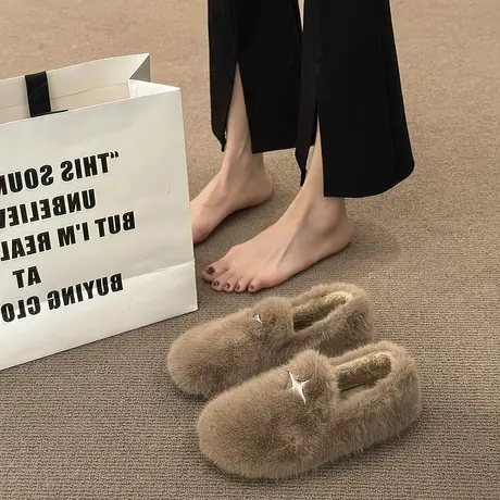 网红毛毛鞋女鞋子外穿2024新款秋冬季一脚蹬加绒保暖棉鞋豆豆单鞋商品大图