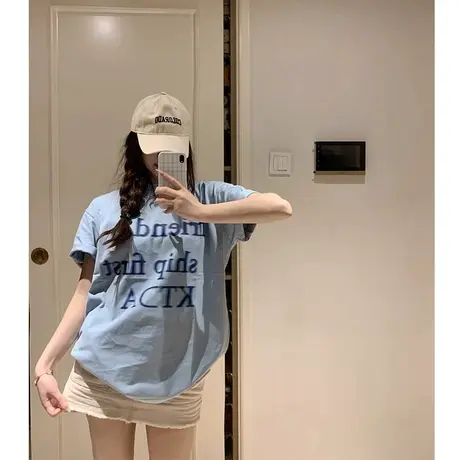 大码胖mm韩版休闲印花短袖T恤女夏季宽松oversize百搭上衣2-300斤商品大图