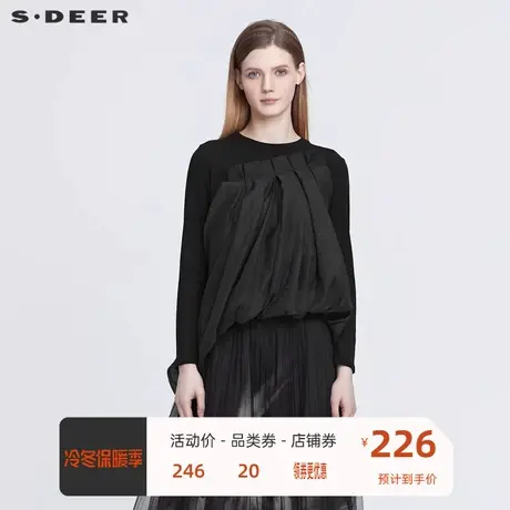 sdeer圣迪奥女装罗纹圆领抽褶拼接不规则长袖T恤S22180209🍙图片