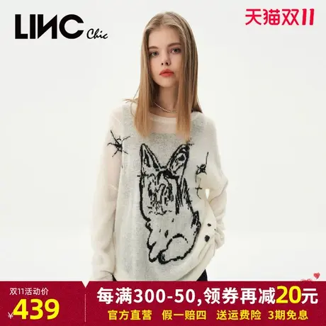LINC金羽杰薄款针织衫女2023秋季新款圆领落肩宽松马海毛女士毛衣图片
