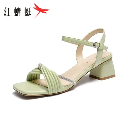 红蜻蜓一字带凉鞋女2023夏季新气质粗跟钻带时尚外穿高跟WFK23019商品大图