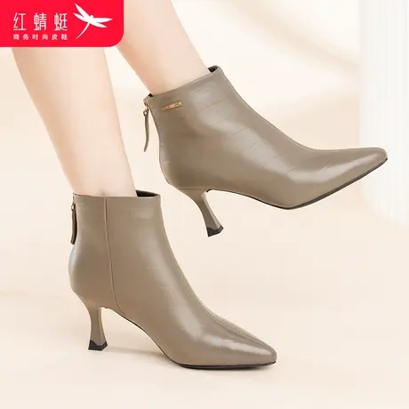 红蜻蜓2023新品冬季女高跟短靴加绒女鞋休闲保暖时装靴中年妈妈鞋商品大图