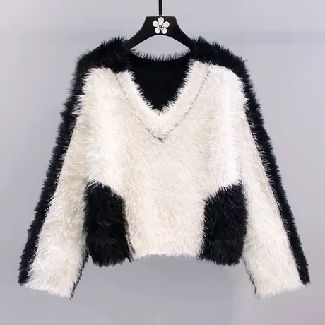 撞色设计感V领水貂绒毛衣女秋冬2023新款高级感短款洋气减龄上衣图片