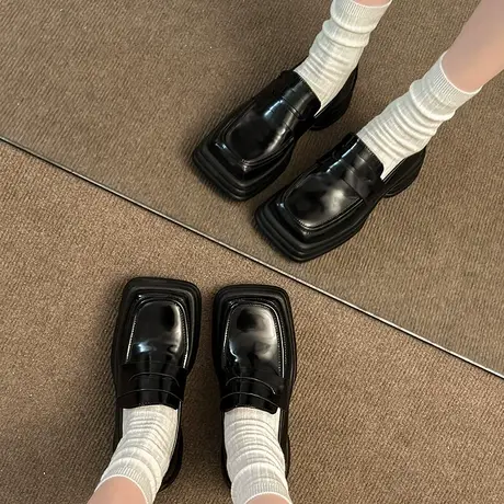 复古小皮鞋女2024春季新款一脚蹬方头小众设计感英伦风粗跟乐福鞋图片