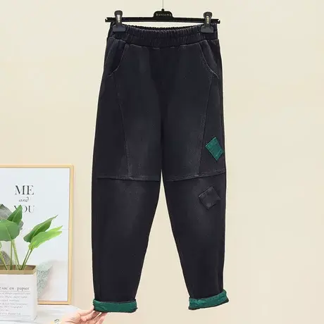 贴布口袋水洗磨白加绒牛仔裤女2023冬装新款宽松大码九分哈伦裤潮图片