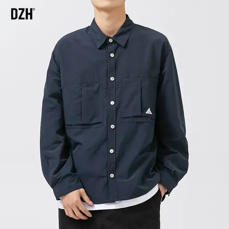 男士藏青色工装衬衫男长袖衬衣休闲外套2023新款日系男装潮牌寸衫商品大图