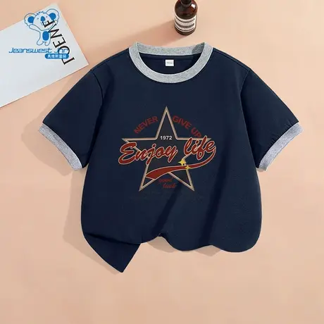 JU真维斯男童上衣2025夏季新款圆领套头衫中大童撞色宽松短袖T恤图片