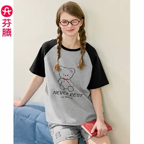 芬腾纯棉睡衣女夏天短袖短裤薄款可爱少女大码休闲夏季家居服套装商品大图