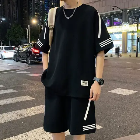 休闲运动套装男夏季短袖t恤男黑色半袖男体恤青少年一套帅气搭配T图片