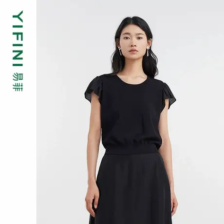 [专柜同款]Yifini/易菲荷叶边短袖U领宽松时尚短款针织衫女毛衫商品大图