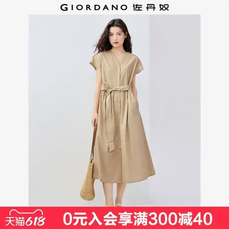 佐丹奴裙子女夏新款纯棉府绸优雅风V领绑带短袖连衣裙女13465335图片
