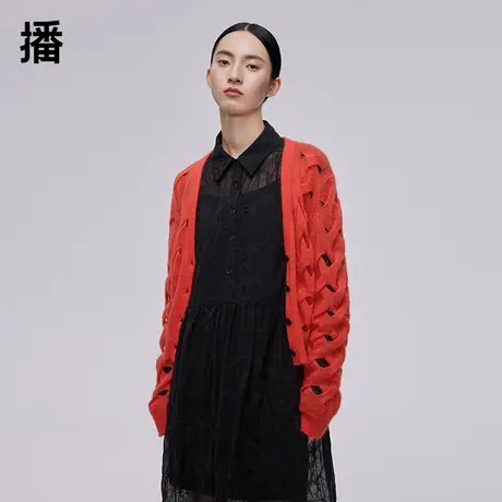 【清仓】播商场同款新年春季新品慵懒落肩镂空绞花针织开衫BDQ1UD商品大图