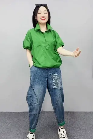 韩版宽松Polo领短袖衬衫破洞哈伦牛仔裤两件套休闲上衣九分裤套装商品大图